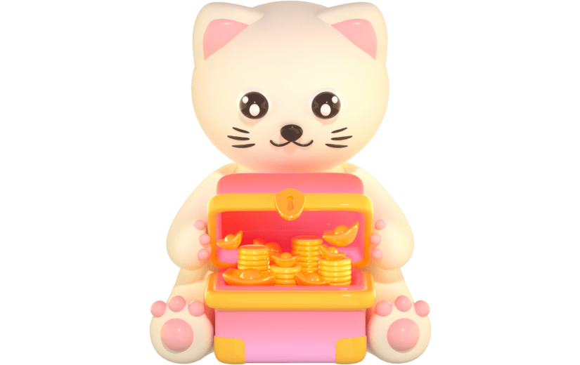 3D立体卡通抱着宝箱的猫咪创意促销活动元素