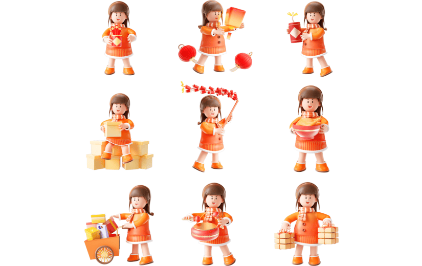 【自行裁剪】红色中国风女孩新年3D元素