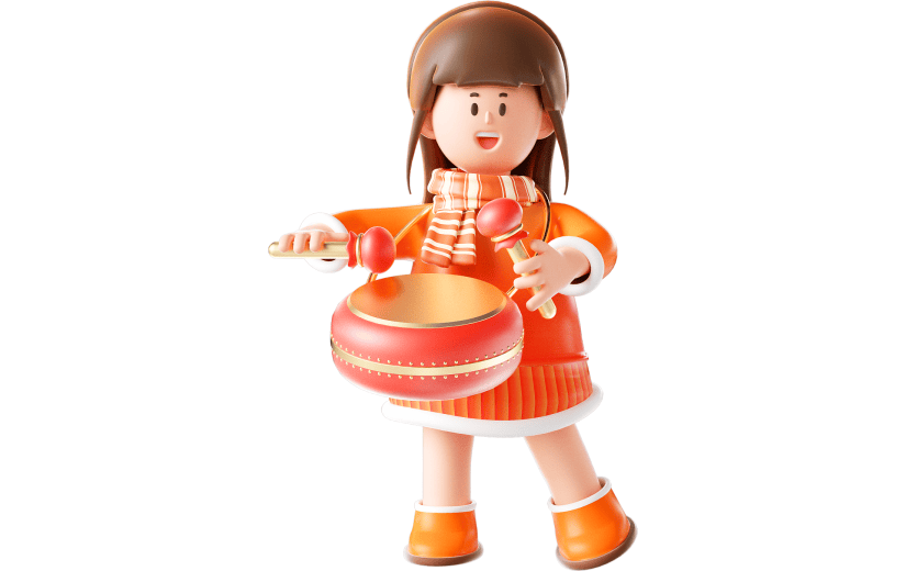 红色简约风新年女生敲鼓3D元素