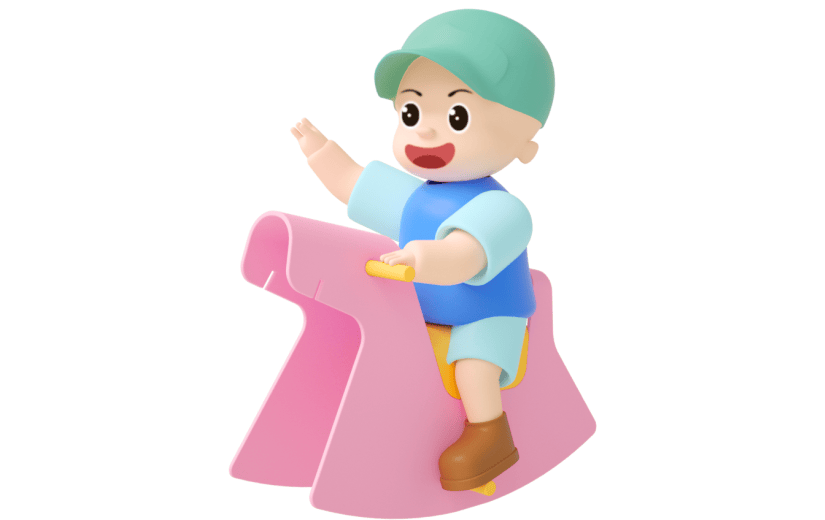 元素C4D立体粉色卡通坐木马的小男孩