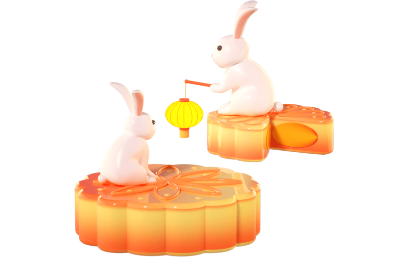 3D立体卡通创意中秋节提灯兔子月饼元素