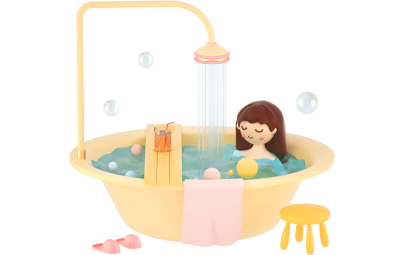 3D立体卡通浴缸洗澡的女孩居家元素