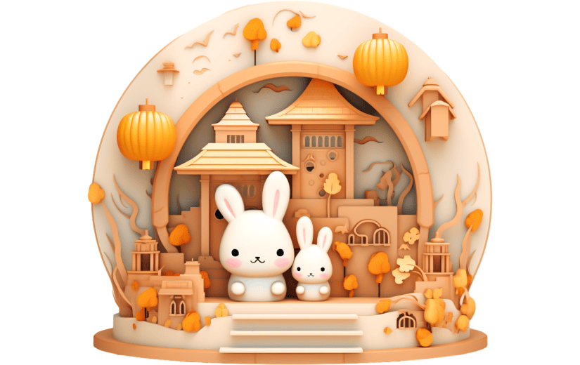 元素3D立体卡通中秋节场景木雕