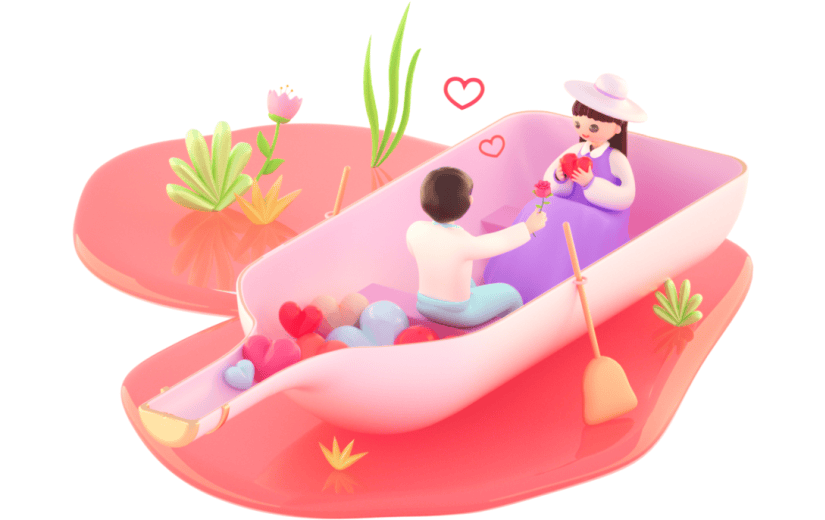 3D立体卡通创意红酒小船情侣人物元素