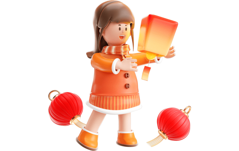 红色龙年新年女孩放灯笼3D元素
