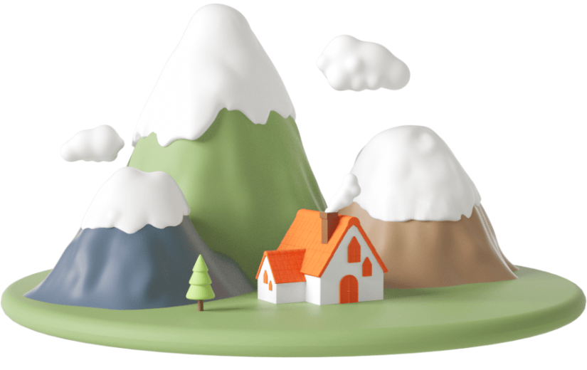 元素C4D立体绿色卡通冬季雪山小房子小场景