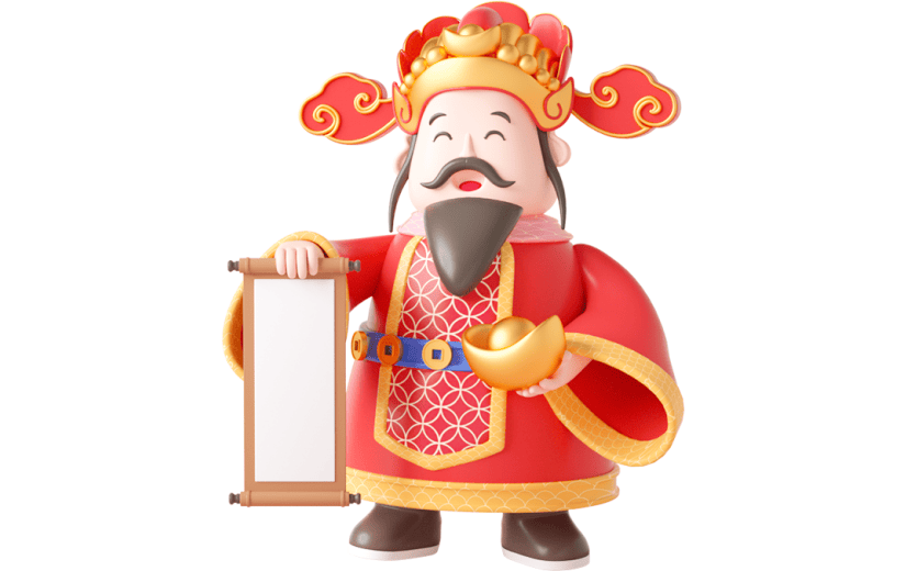 元素C4D立体红色卡通新年财神爷拿卷轴元宝