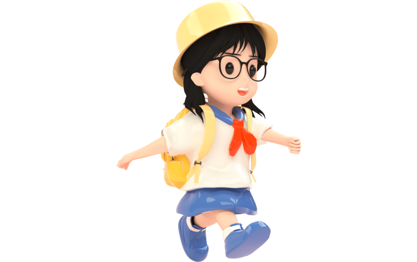 C4D蓝色卡通可爱背包学生蹦蹦跳跳跑步上学3D渲染元素