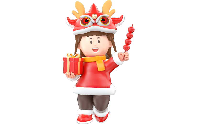卡通红色中国风新年龙年女孩3D元素