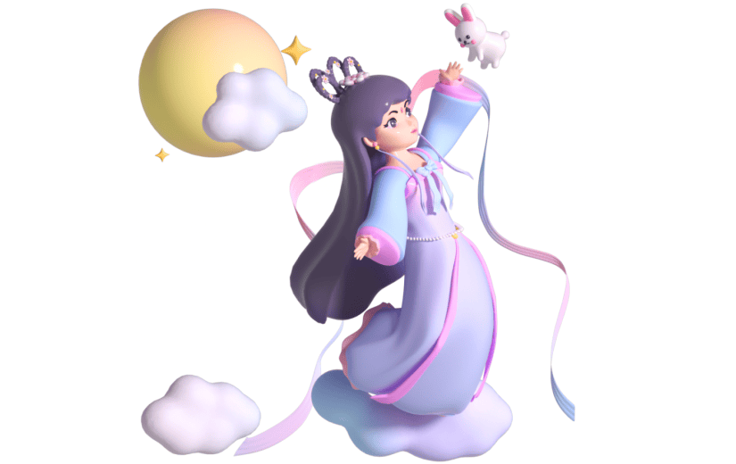 3D立体卡通创意中秋节嫦娥奔月古风人物元素