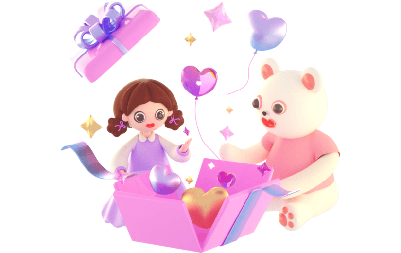 3D立体卡通创意女孩和小熊开箱梦幻元素