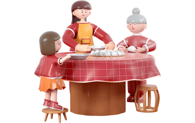3D喜庆风一家人包饺子过新年3D元素