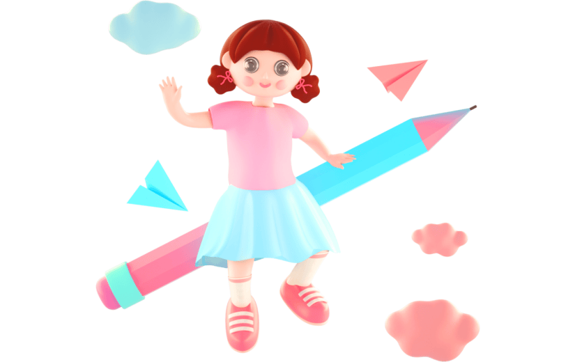 3D立体卡通儿童节小女孩骑着铅笔元素