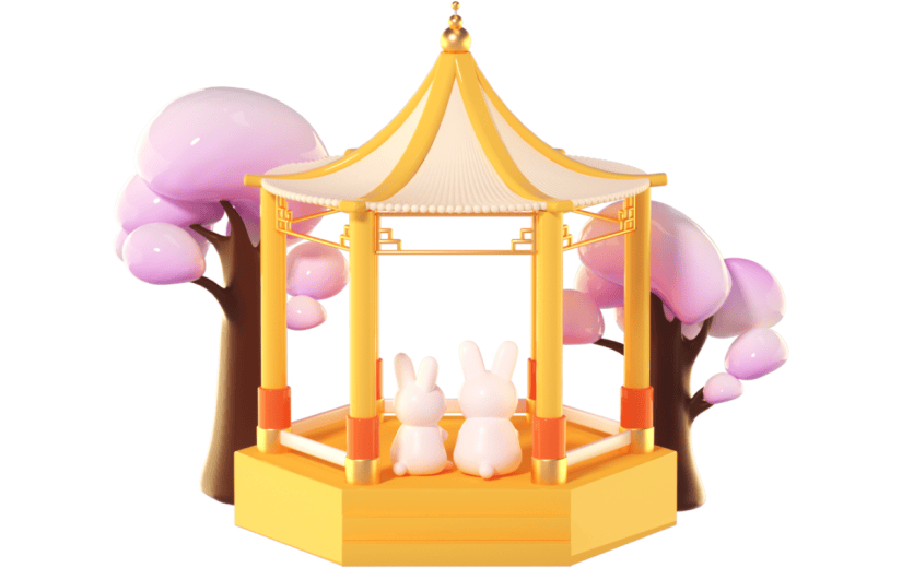 3D立体卡通创意中秋节凉亭里一对兔子元素