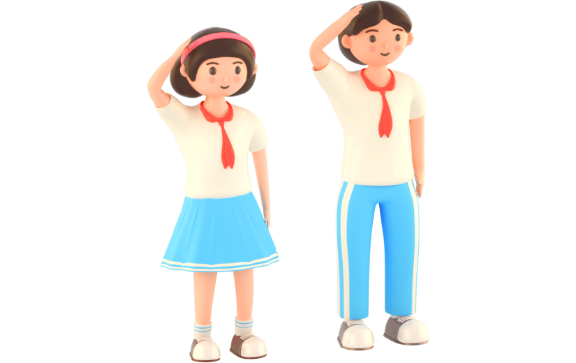 3D立体卡通戴红领巾的男女同学人物元素
