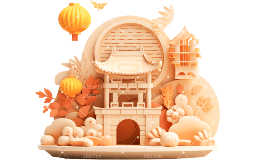 元素3D立体中秋节古风木雕