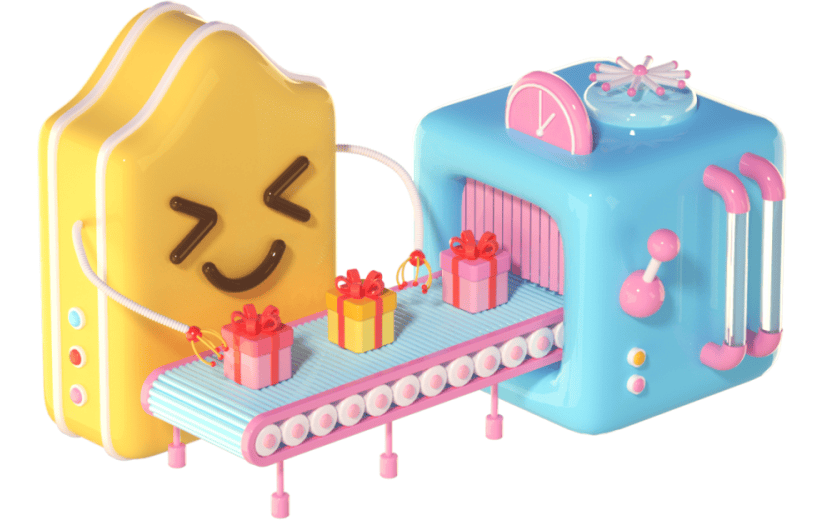 3D立体卡通创意流水线生产礼盒促销活动元素
