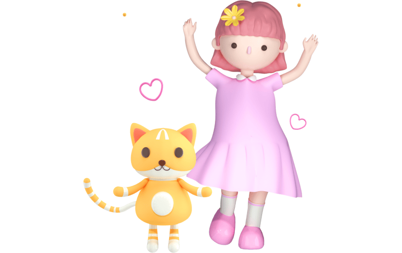 3D立体挥手的女孩和猫卡通元素