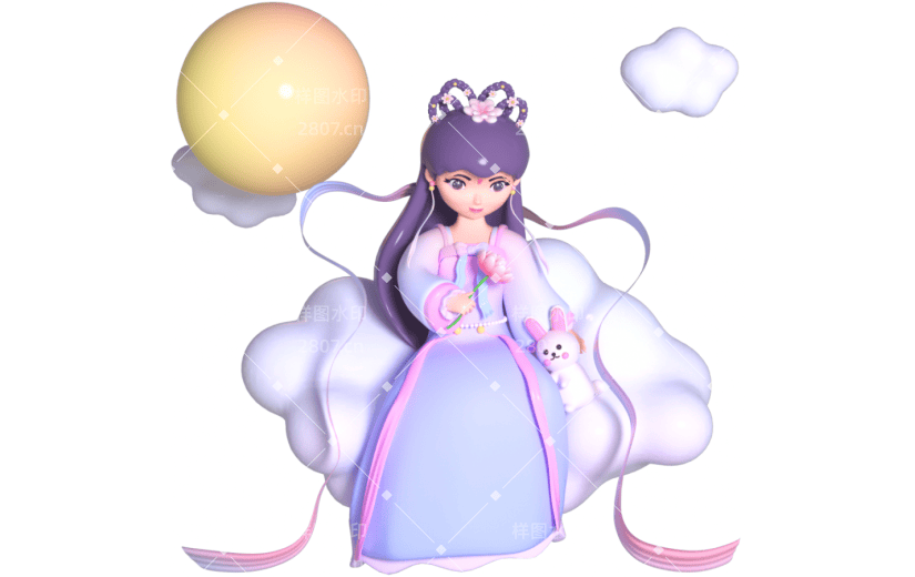 3D立体卡通创意中秋节嫦娥奔月古风人物元素