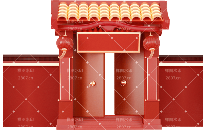 C4D红色喜庆中国风建筑围墙大门3D元素