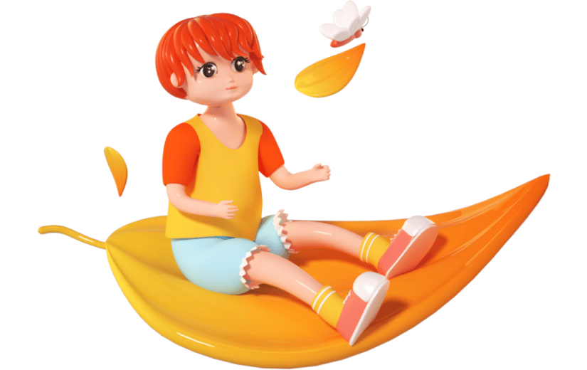 3D立体卡通创意秋季坐在落叶上的小孩人物元素