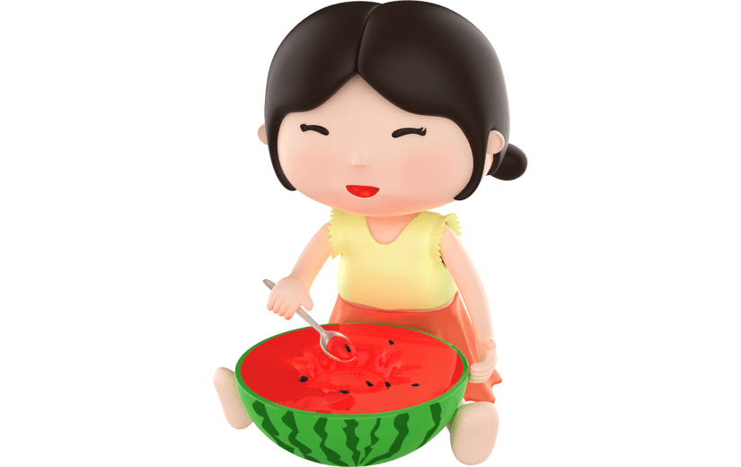 元素3D立体夏天吃西瓜小女孩人物