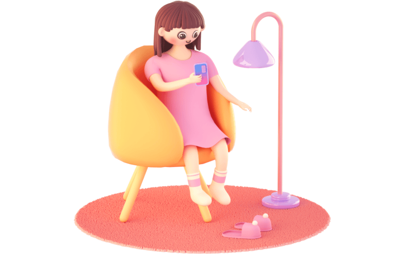 3D立体卡通创意沙发上看手机女孩居家元素
