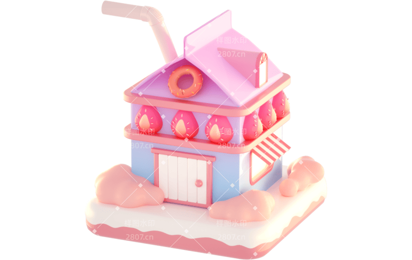 3D立体卡通创意草莓牛奶房子饮品元素