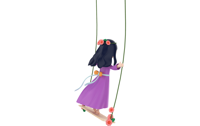 元素3D立体荡秋千女孩紫色裙子花藤小满元素
