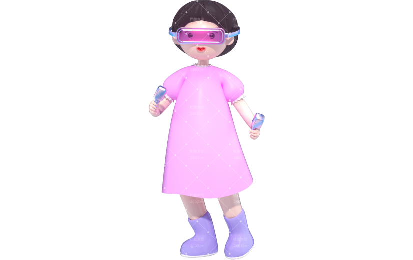 3D立体卡通创意玩VR游戏的女孩人物元素