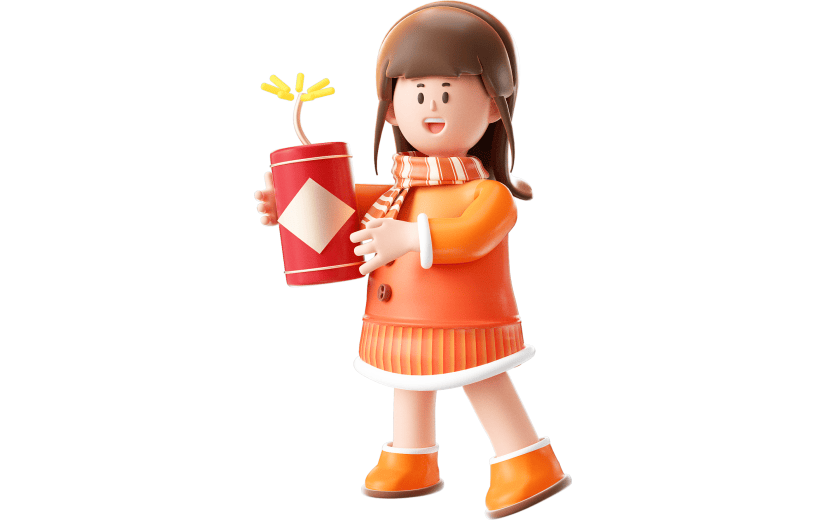 红色简约风新年女孩手持爆竹3D元素