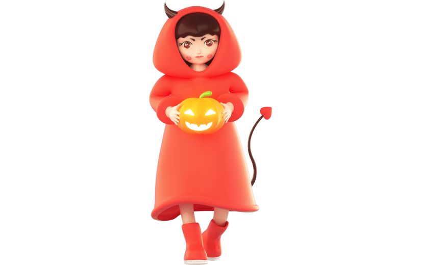 3D立体万圣节捧着南瓜灯的小恶魔女孩元素