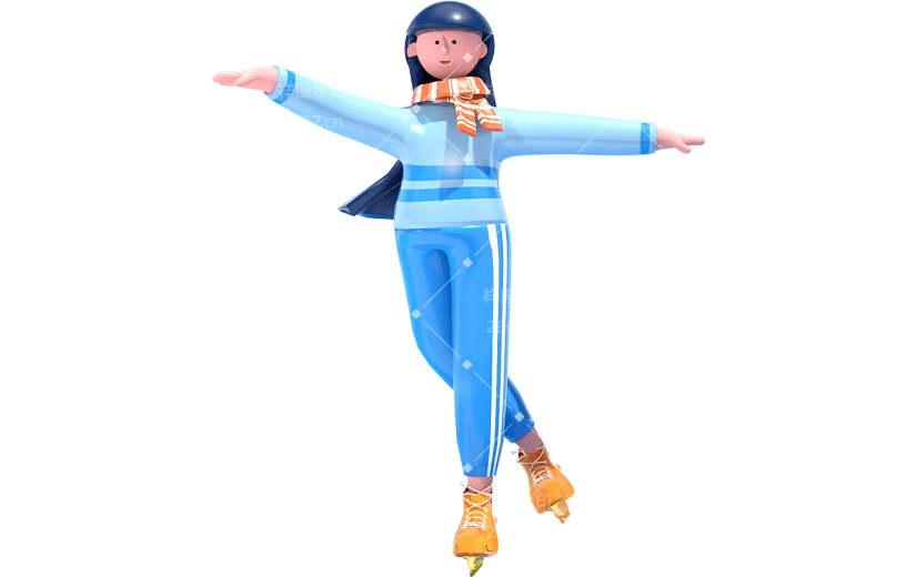 蓝色简约风女孩冬季滑冰3D元素