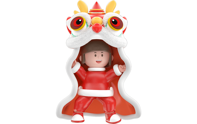 红色喜庆女孩舞狮新年舞狮子3D元素
