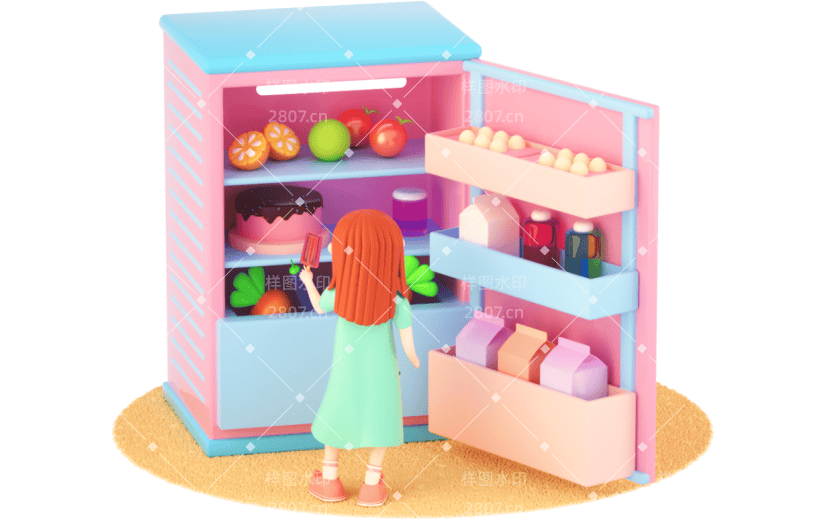 3D立体卡通创意开冰箱的女孩居家元素