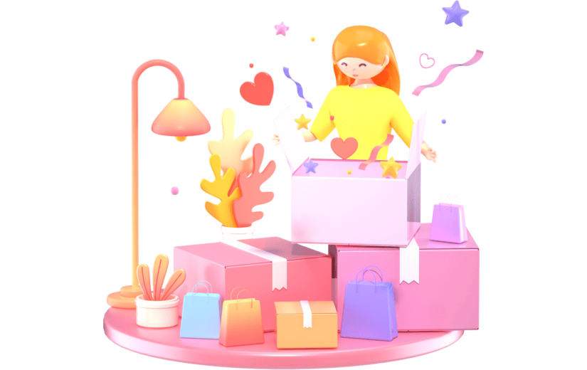 3D立体卡通人物购物开箱元素