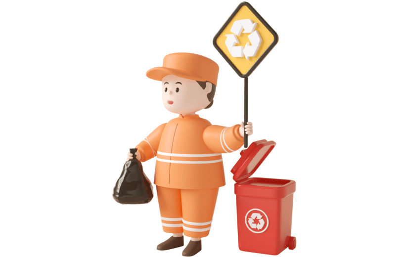 元素C4D立体橙色卡通清洁工扔垃圾