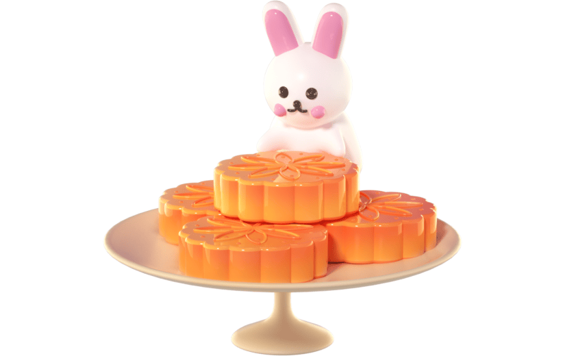 3D立体卡通创意中秋节一盘月饼和兔子元素