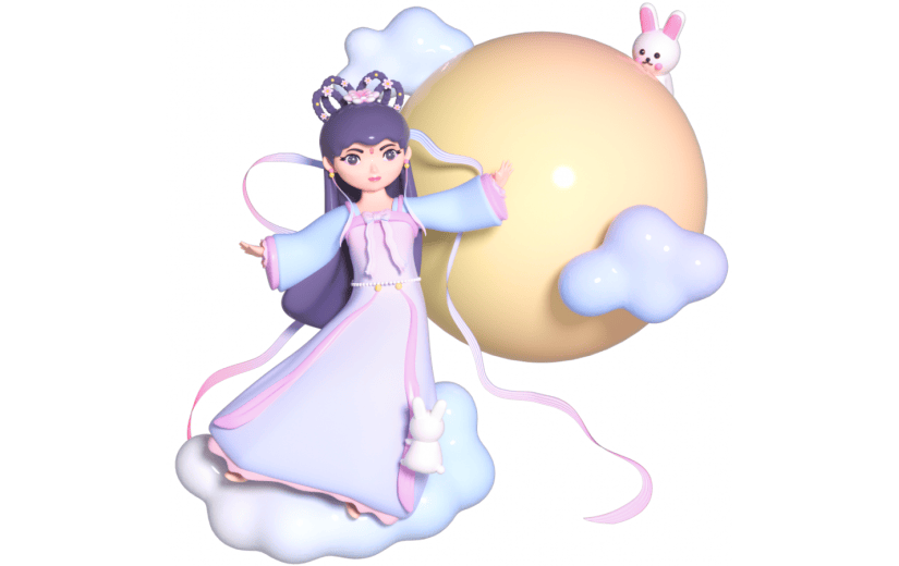 3D立体卡通创意中秋节嫦娥奔月古风人物元素