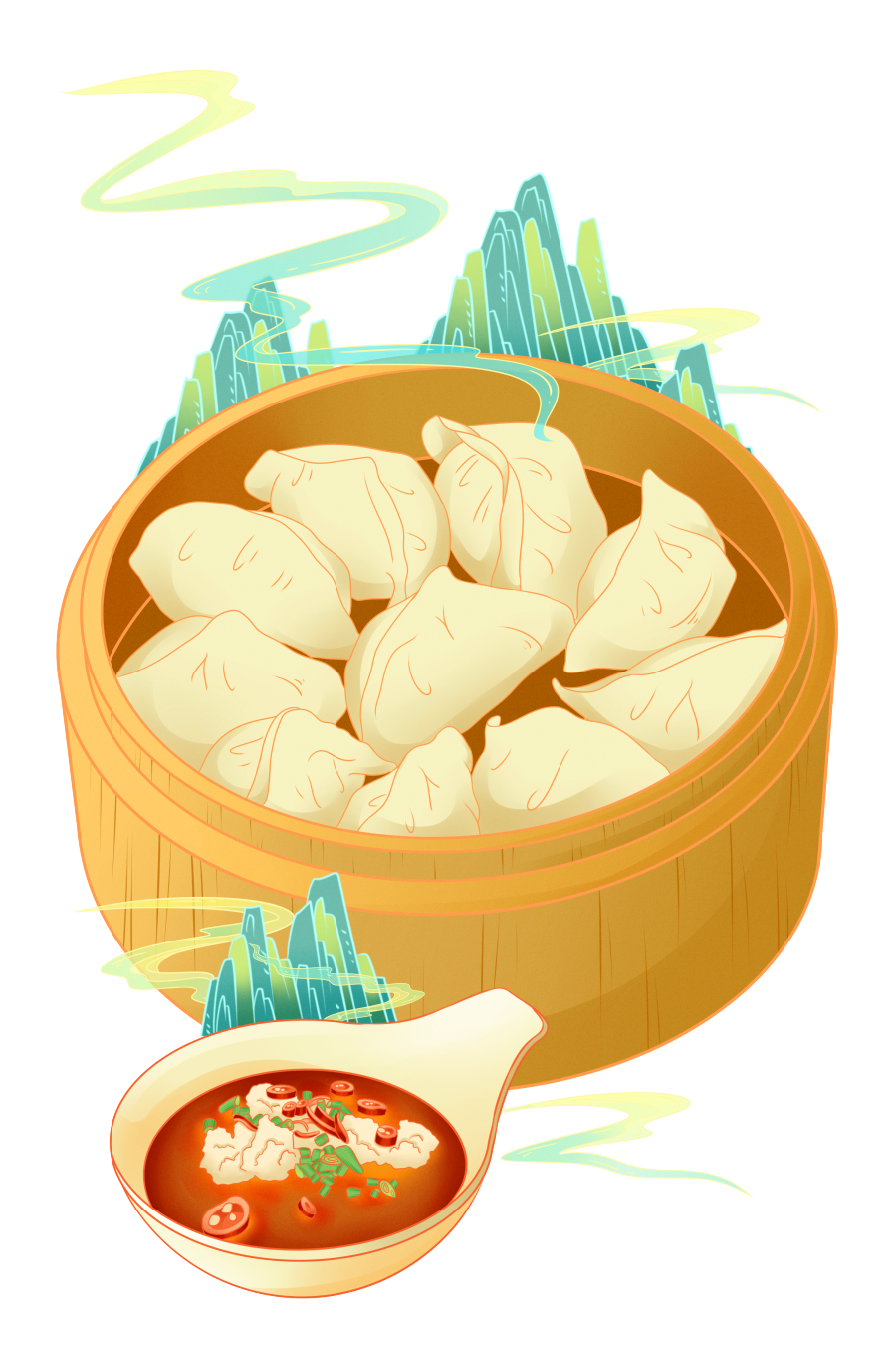 国潮风美食饺子手绘山云纹插画