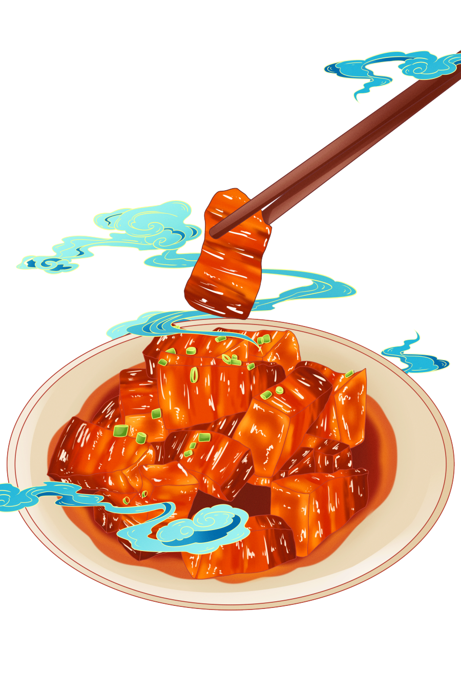 国潮风美食红烧肉夹起来云纹插画