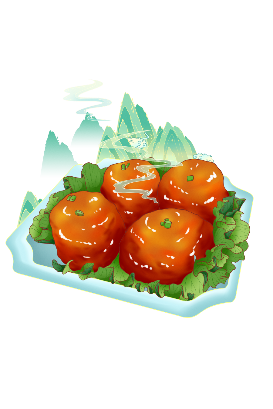 国潮风美食红烧狮子头云纹插画