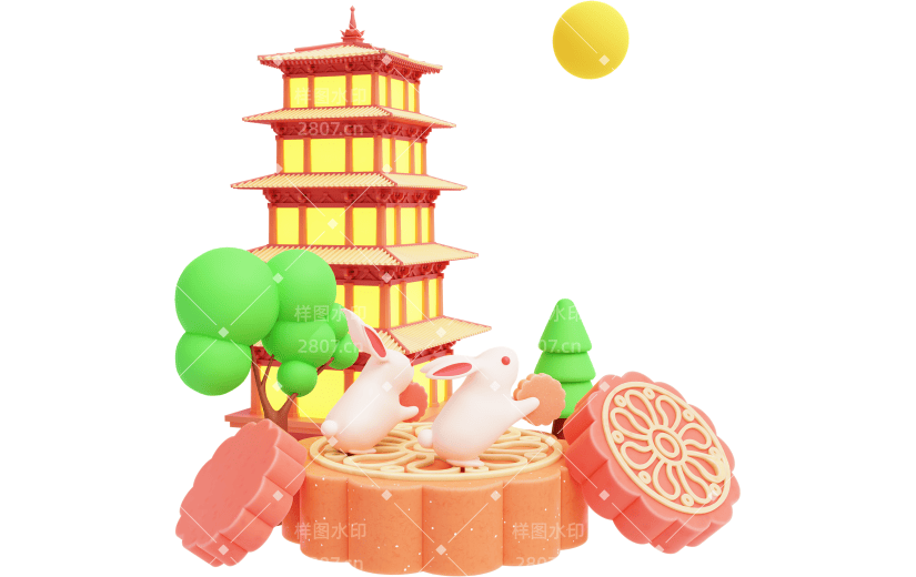 中秋节中秋3D立体C4D中国风兔子场景元素
