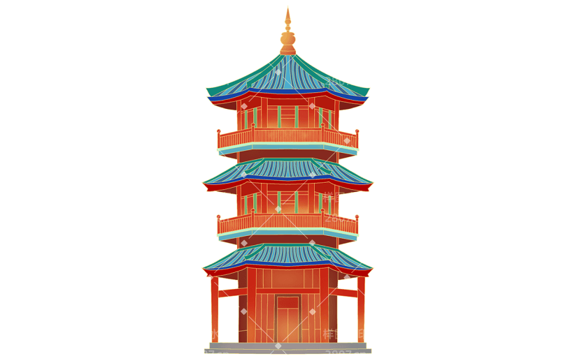 手绘-传统中国风建筑贴纸4