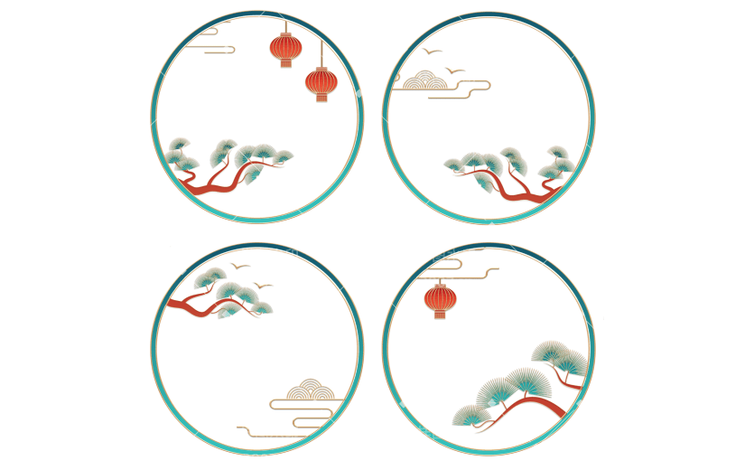 中国风边框灯笼松树元素