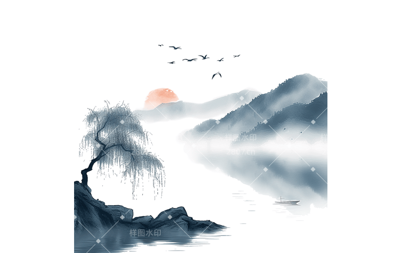 清明节清明水墨风山水组合元素素材