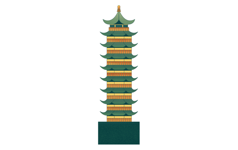 黄绿塔楼中秋节中国风元素贴纸