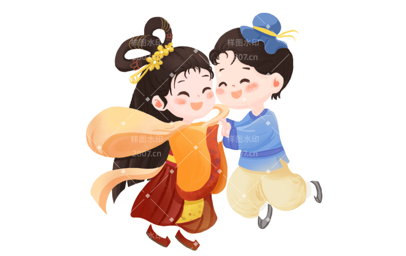 手绘-七夕可爱牛郎织女人物插画9