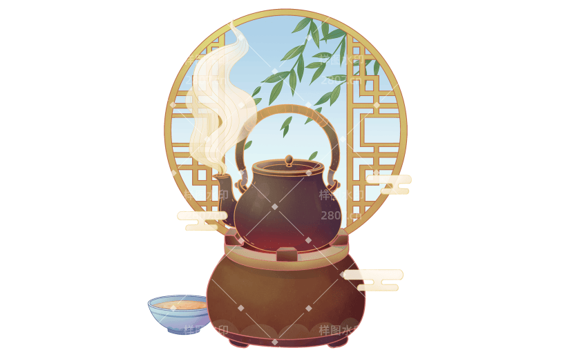 手绘-中国风场景插画-烧水