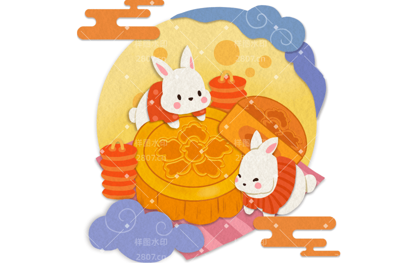 手绘-中秋节兔子拼贴元素8